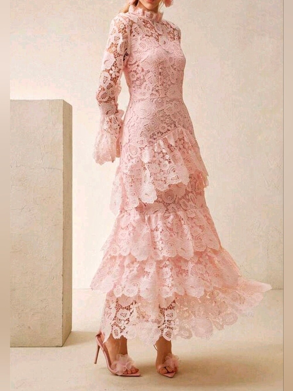 New Luxe Embroidered Sheer Floral Maxi Dress Long Sleeve Tiered Ruffle Pink